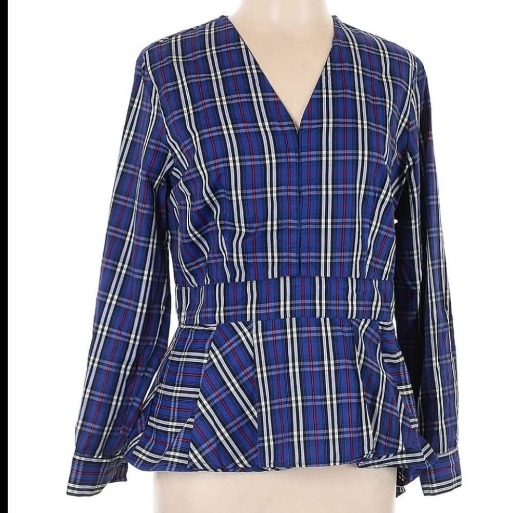 NEW YORK AND COMPANY Plaid Peplum Blouse Size Large